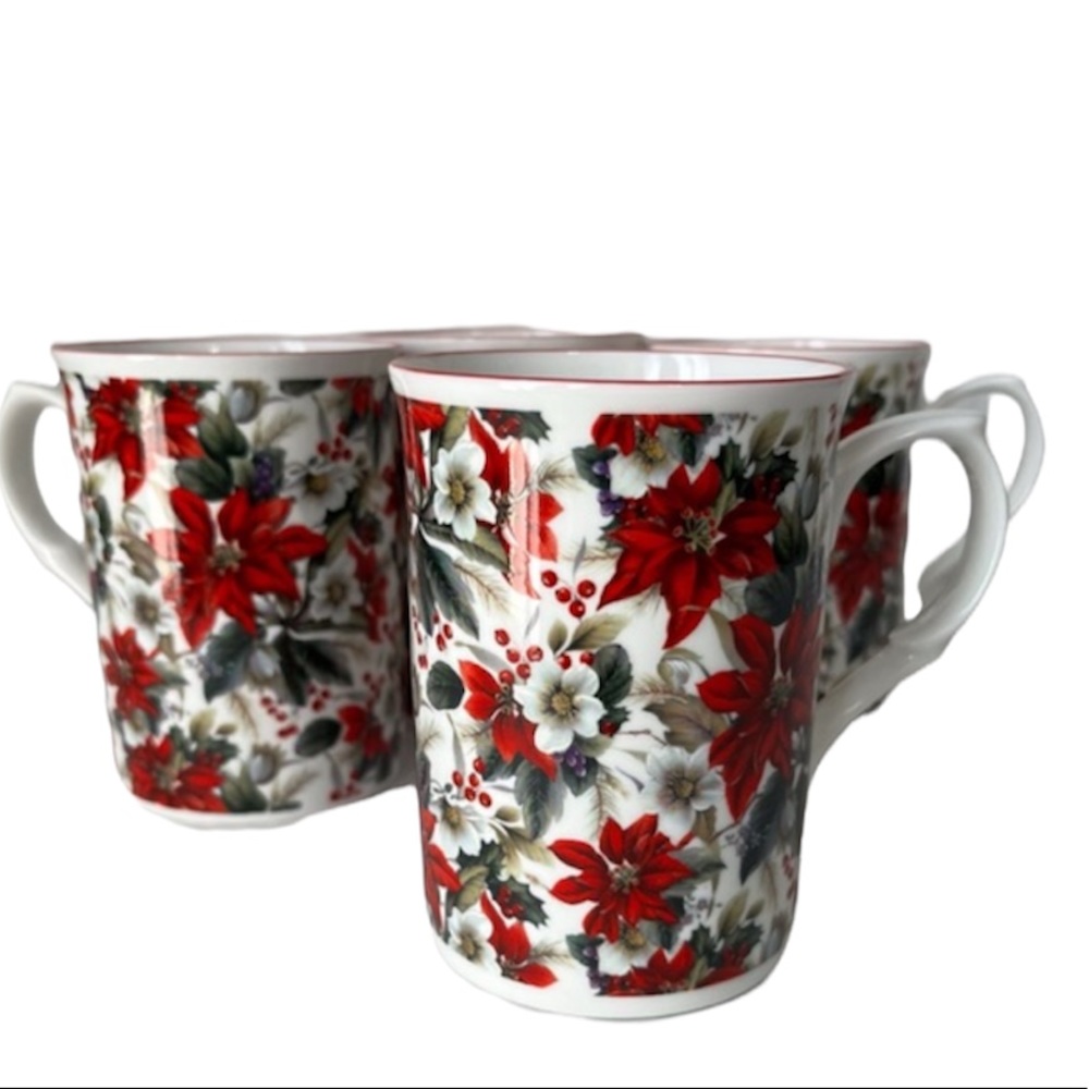 SET OF 4 POINSETTIA COFFEE/TEA MUGS BY ROSE OF ENGLAND